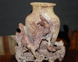 Carved Wolf, Otter and Bird on Vase