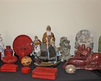 Cinnabar Boxes, Plates, Vase, Soapstone Figures