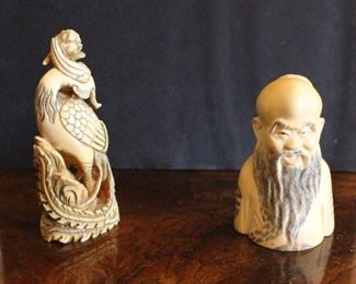 Elder Chinese Long Lived Ivory Man and Ivory Bird with Florals
