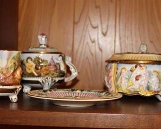 Capodimonte Covered Dish with Figurines, Vases