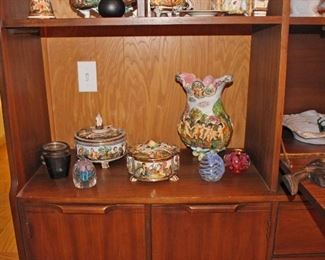 Capodimonte Covered Dishes and Vase, Glass Bowl, Paperweights, African Wall Carvings,