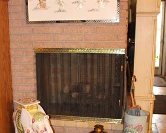 Ceramic Elephant Table, Carved Brass Handing Art, Umbrella Stand and Umbrellas