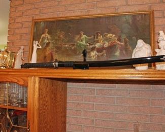 Sword, Lladro Figures, Clock, Budda, Vintage Art Scene of Ladies
