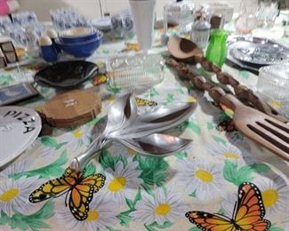 Silver Leaf Dish, Pizza Plate, Wood Fork Spoon