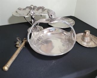 Silver Pewter Fairy Tray, Tulip Handled Pewter Basket, Silver Mexican Hat, Pipe