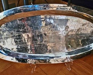 Asian Design Etched on Chrome Silver Platter