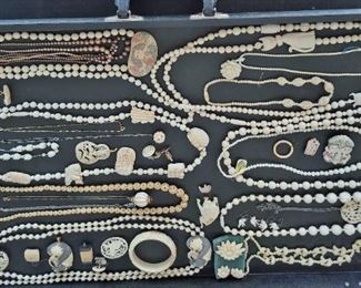 Ivory Necklaces, Bracelets, Pins, Earrings, Pearls, Gold Chain with Ivory Ball, Pendants, Ring, Cuff Links, St Christopher Metal