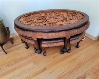 Wood Carved Oval Asian Table with Stools