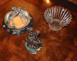 Tulip Pewter Serving Bowl, Rosenthal Crystal Bowl and Augusta Moreau Whispering Children Secrets Bronze