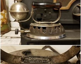 Antique  Diamond gas iron  by Akron Lamp Co  made in the USA ca 1936. Notice the wood handle.