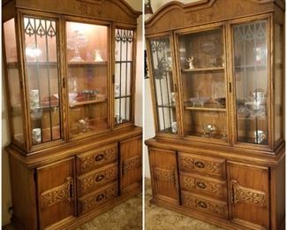 Beautiful vintage oak china cabinet ca. 1968. Left shows the lights plugged in. 
