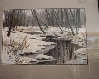 John Obolewicz watercolor, snowy landscape with deer