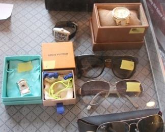Assorted sunglasses (RayBan), Tiffany sterling & Louis Vuitton, Cartier travel jewelry / watch roll