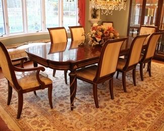 EJ Victor Regency banded mahogany dining table with two leaves (w/ pads) & 10 chairs 