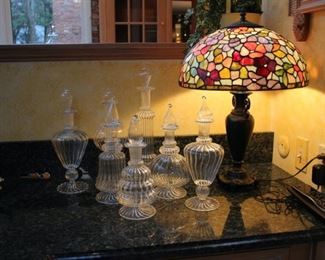 Tiffany style lamp, glass decanters
