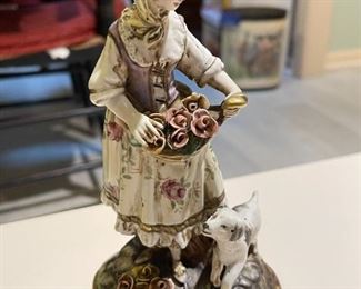 Antique Capodimonte  Woman Figurine in Rustic 18th Century Dress with Dog