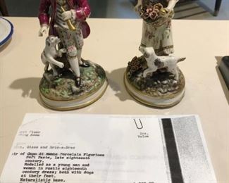 Antique Capodimonte  Man & Woman Figurines in Rustic 18th Century Dress with Dogs