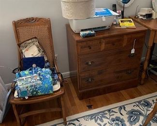 Antique restored and recaned rocker. More VERA BRADLEY ITEMS with tags.