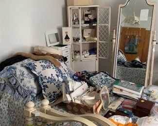 Rattan cupboard with new colored LEGGS egg shaped package and other new items. French provincial style jewelry "box".