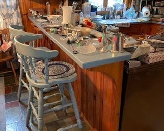 Pair of bar stools; stenciled stool and LOTS of kitchen accessories!