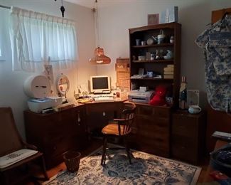 Group of Moosehead Furniture and accessories, including chest of drawers, corner desk with swivel chair and two piece chest/bookcase. Great vintage wicker hanging lamp and accessories. More NEW VERA BRADLEY accessories!