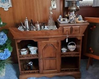 Great size maple dry sink - either Stuart-Temple or American Republic maker. Wonderful vintage stainless coffee service set; antique lamp with contemporary shade; etc., etc.