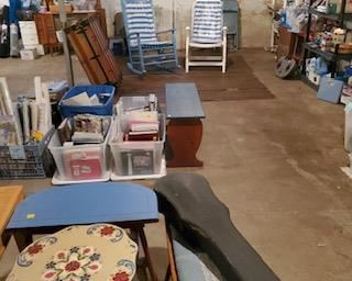 More - Nice decorated tilt top table, small blue side table and bench, totes filled with NEW photo albums. Violin case is empty.
