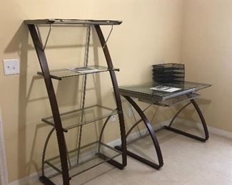 Glass book shelves matching the corner desk
