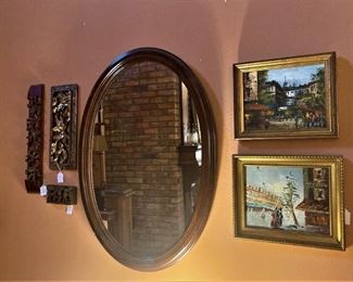 Wood carvings; mirror; small framed oil art