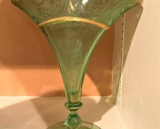 Etched green fan vase