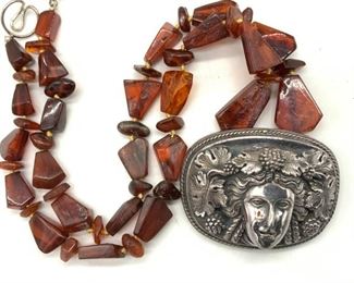 Art Nouveau S. Silver Lady Pendant Necklace

