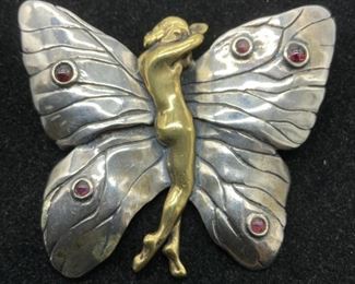 Art Nouveau Silver Butterfly & Fairy Brooch

