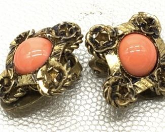 Natural Coral Cabochon Earrings, Signed Austria
