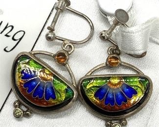 Tricia YOUNG CLOISONNE Sterling Earrings Org Case
