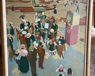 Oil by Robert Duckworth Greenham (1906-1076)    49" x 39". Features Beach Scene with Punch and Judy Show