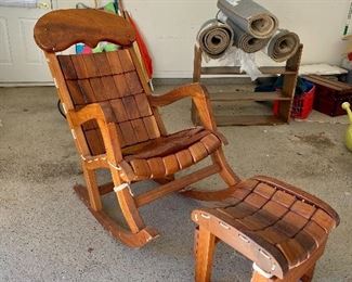 Signed Gerry Grant Black Walnut Oversized Orthopedic Rocking Chair and Ottoman