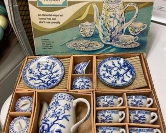 Vintage 1950's Porcelain Toy Tea Set in Classic Blue Bird Cobalt & White Design by Sears Roebuck - service for 6!