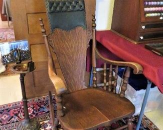 Leather top rocker and antique Bradley Hubbard brass smoking stand.