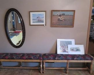 Set of vintage upholstered benches and a flamed mahogany beveled mirror