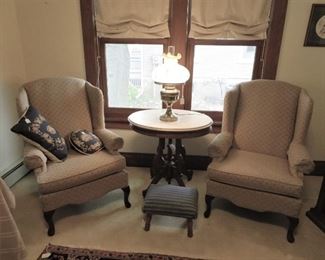 Beautiful pair of Best Chair Windsor chairs, Victorian parlor table and vintage brass oil lamp with satin glass Iowa State Capitol shade