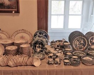 Large selection of Flow Blue and Blue Willow.