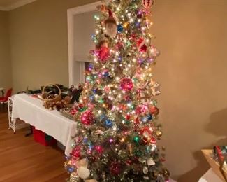 Large Prelit Christmas Tree, loads of vintage and one of a kind ornaments