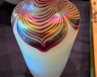 Iridescent pulled feather hand painted vase signed OBG