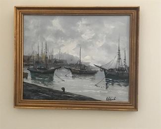 Oil on canvas, water scene, ships in port