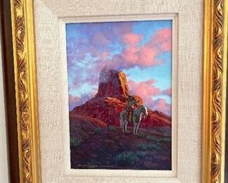 Oil on canvas - desert landscape with native American on horseback, signed Frank Magsino