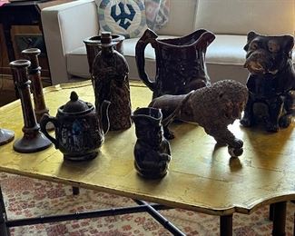 Assorted stoneware with Rockingham glaze