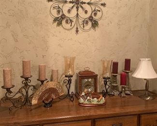 Candles, mantle clock, lamps
