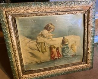 Beautiful old frame and print of child teaching her dolls “Now I Lay Me Down to Sleep”. Great idea for a nursery 