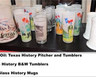 Knox Oil Texas History Pitcher and Tumblers, Black and White Tumbler set and Milk Glass History Mugs
