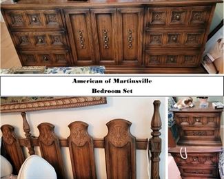 1970s American of Martinsville Bedroom suite with dresser, mirrors, side tables (2), and headboard